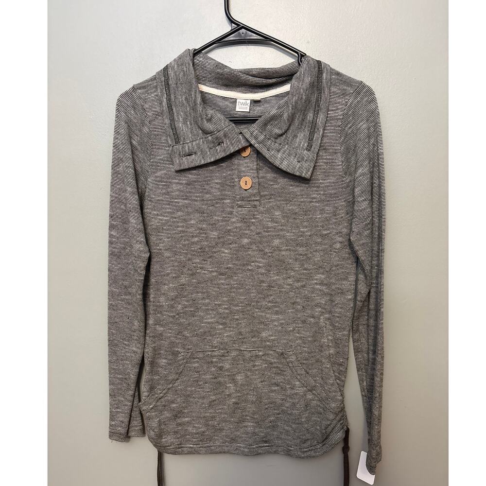 Twik by Simons top textured grey striped pattern, cowl collar, wooden buttons -M